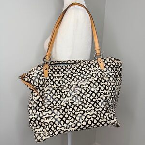 Coach Beige and Black Signature Canvas Tote with Tan Leather Straps